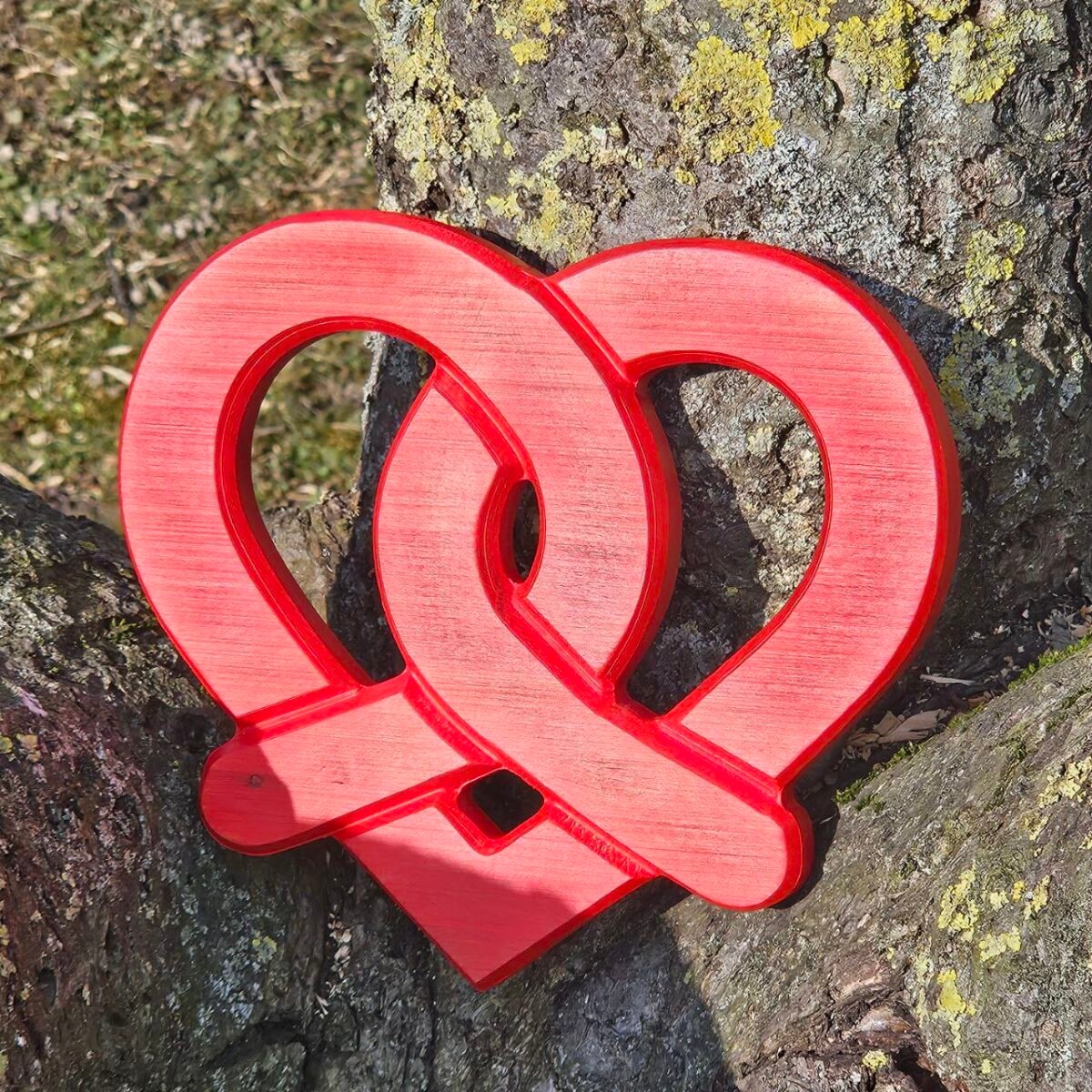 coeur bretzel en bois posé sur un tronc d'arbre